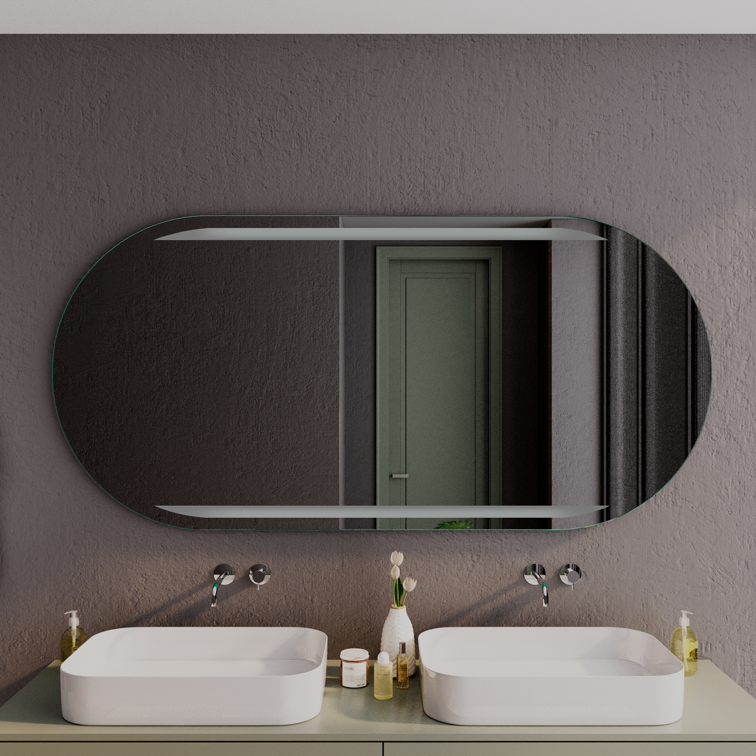 MARSEILLE OV ovaler LED-Badspiegel mit ausgeschalteter Beleuchtung, 1500x1500 mm, Nahaufnahme, über zwei weißen rechteckigen Aufsatzwaschbecken mit Wandarmaturen, elegantes Bad mit dunkelgrauer strukturierter Wand