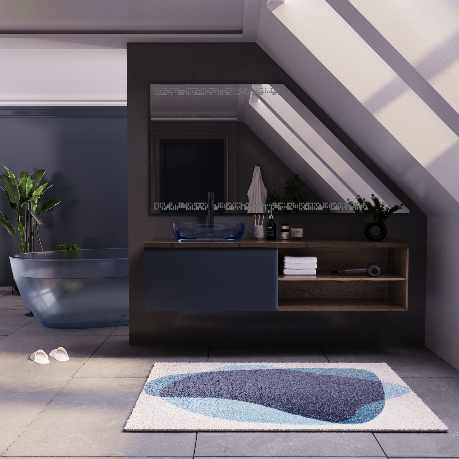 DIGNY DS Doppel-Waschtisch mit integriertem LED-Spiegel, 1500x1500 mm, Beleuchtung ausgeschaltet, anthrazitfarbene Hochglanzfront, offene Holzfächer, zwei schwarze Waschbecken, modernes Dachgeschoss-Bad mit Dachfenster und freistehender Badewanne