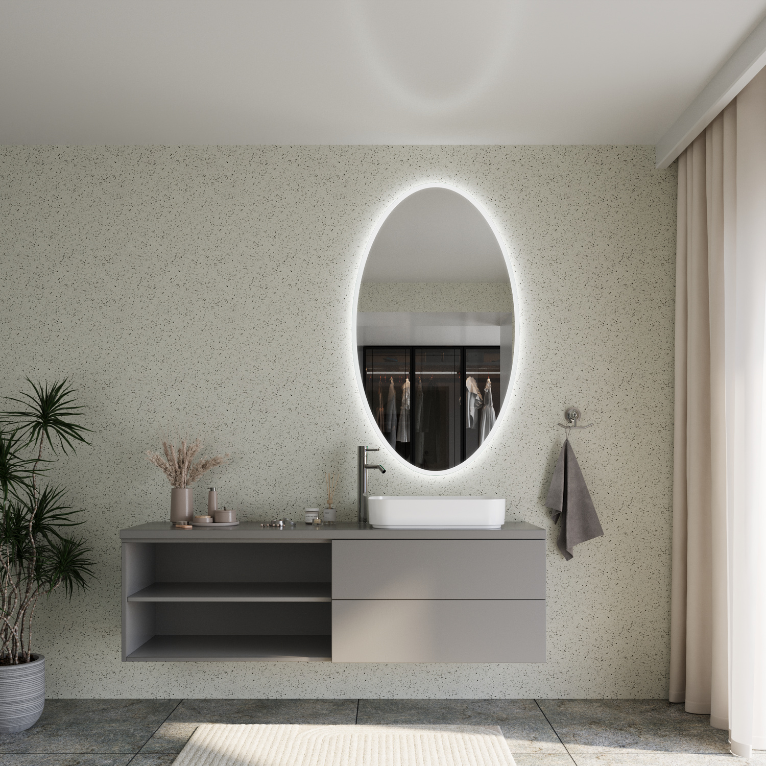 SETE EL15 ovaler LED-Badspiegel mit eingeschalteter umlaufender Hintergrundbeleuchtung, 1500x1500 mm, leuchtender Zustand mit warmweißem Lichtrand, montiert über schwebendem Waschtisch mit weißem Aufsatzwaschbecken, modernes Badezimmer mit grüner struktur