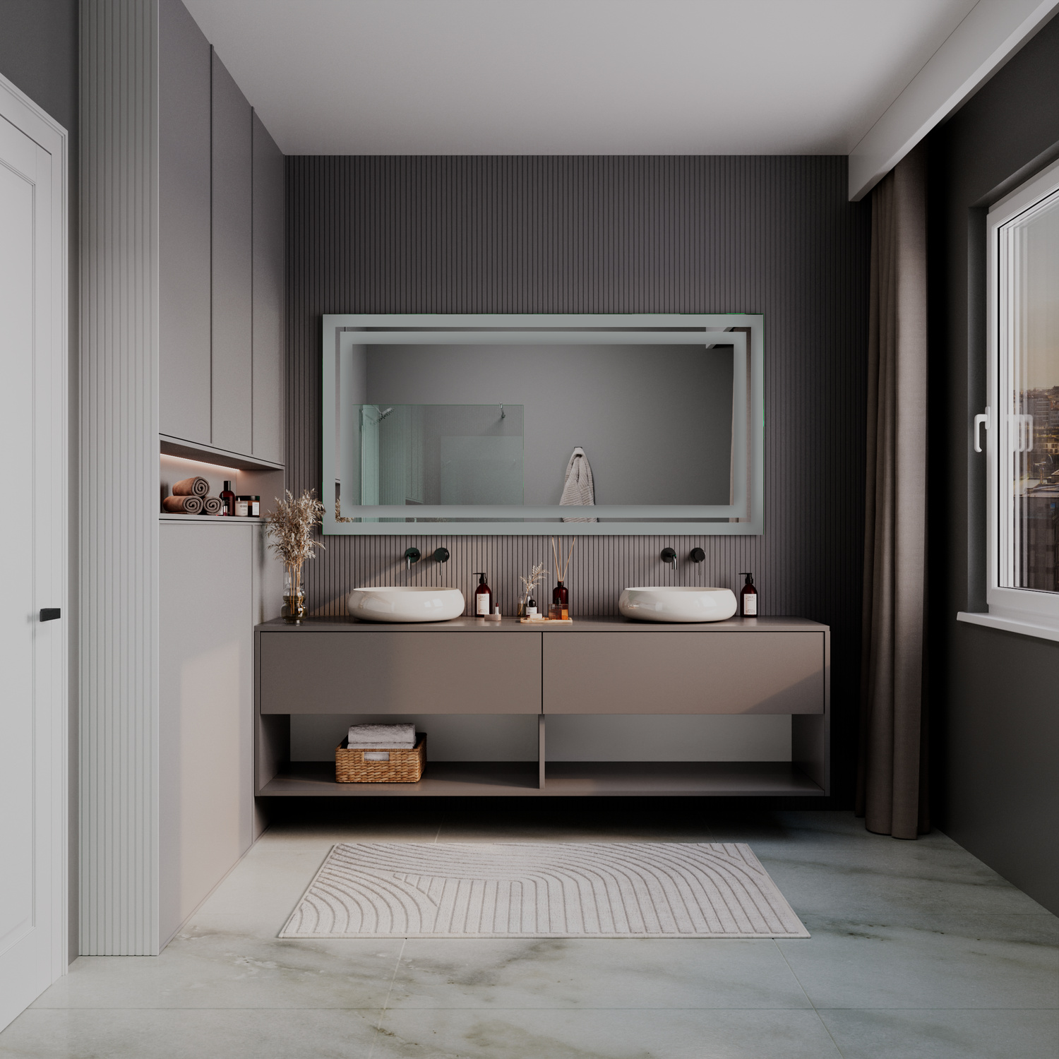 VIGEVANO rechteckiger LED-Badspiegel mit weißem Rahmen, 1500x1500 mm, Beleuchtung ausgeschaltet, über graubraunem schwebendem Doppelwaschtisch, schwarze Armaturen, offene Regale links, dunkelgraue geriffelte Wand, modernes minimalistisches Bad