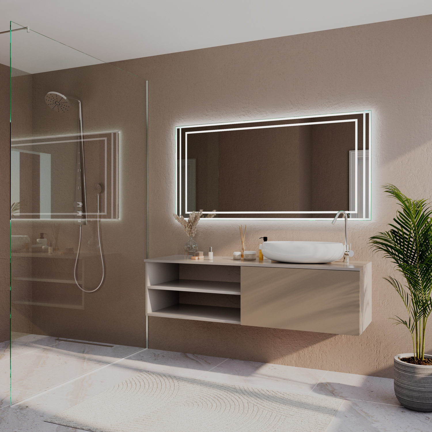 CERIGNOLA LED-Badspiegel mit eingeschalteter Beleuchtung, 1500x1500 mm, warmweißes Licht im dreifachen silbernen Rahmen, Seitenansicht über beigem schwebendem Waschtisch mit weißem Waschbecken, modernes Bad mit Duschbereich