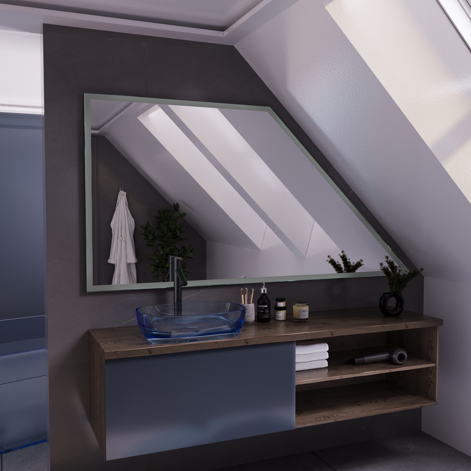 SETE DS20 LightsOff 1500x1500 rechteckiger LED-Badspiegel mit ausgeschalteter Rahmenbeleuchtung in Dachschrägen-Badezimmer über grau-braunem schwebendem Waschtisch mit offenen RegalenRetry