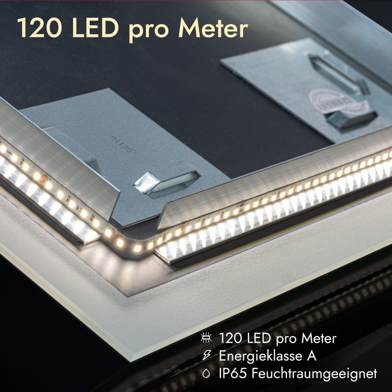 LED-Band 120 LEDs pro Meter, hochdichte warmweiße LED-Beleuchtung eingeschaltet in Aluminiumprofil, helle gleichmäßige Lichtleiste mit 120 LED/m, Energieklasse A, IP65 feuchtraumgeeignet, Detailansicht Spiegelbeleuchtung, hohe Lichtqualität